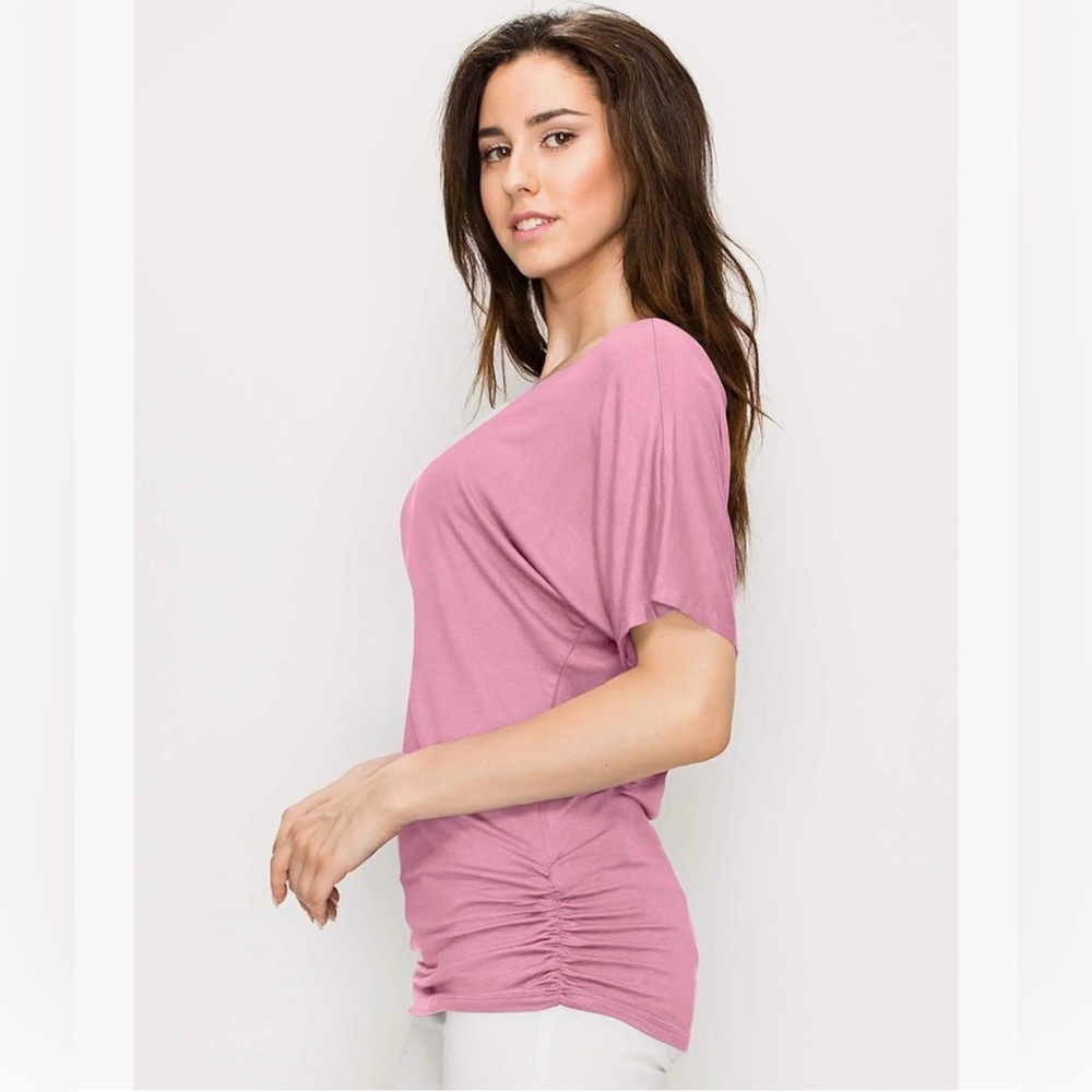 Solid Short Sleeve Boat Neck/V Neck Dolman Top T Shirt with Side Shirring - Picture 5 of 6